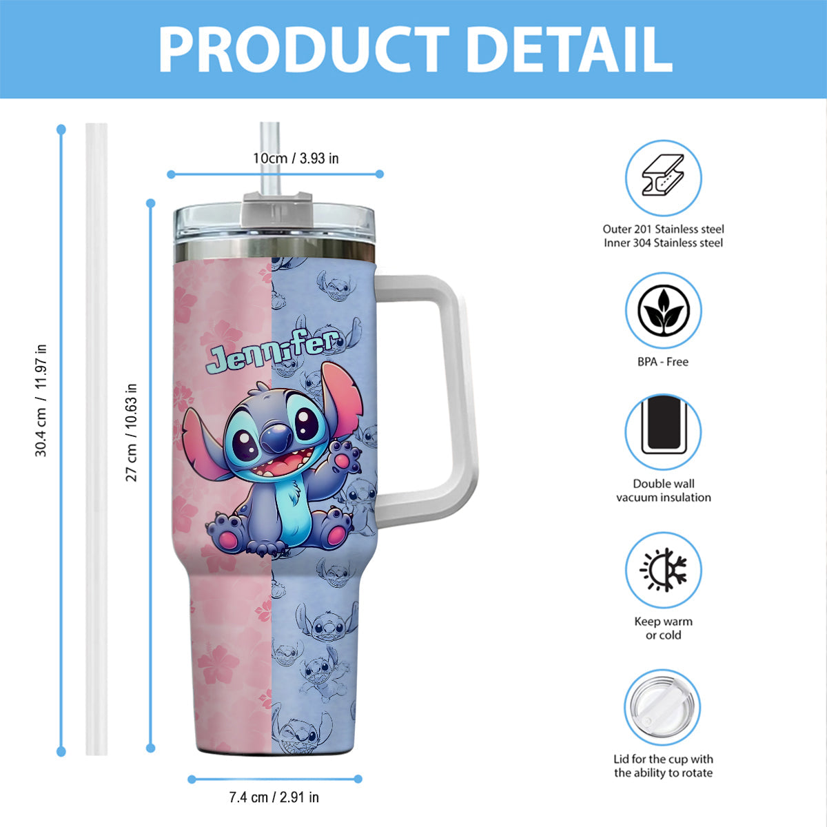 Pink And Blue - Personalized Ohana Tumbler With Handle