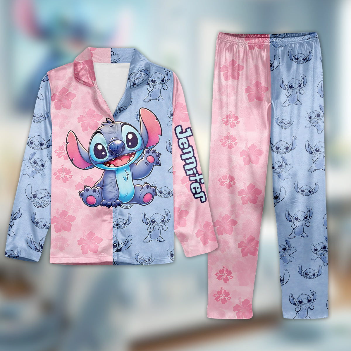 Pink And Blue Ohana - Personalized Ohana Button Down Pajamas