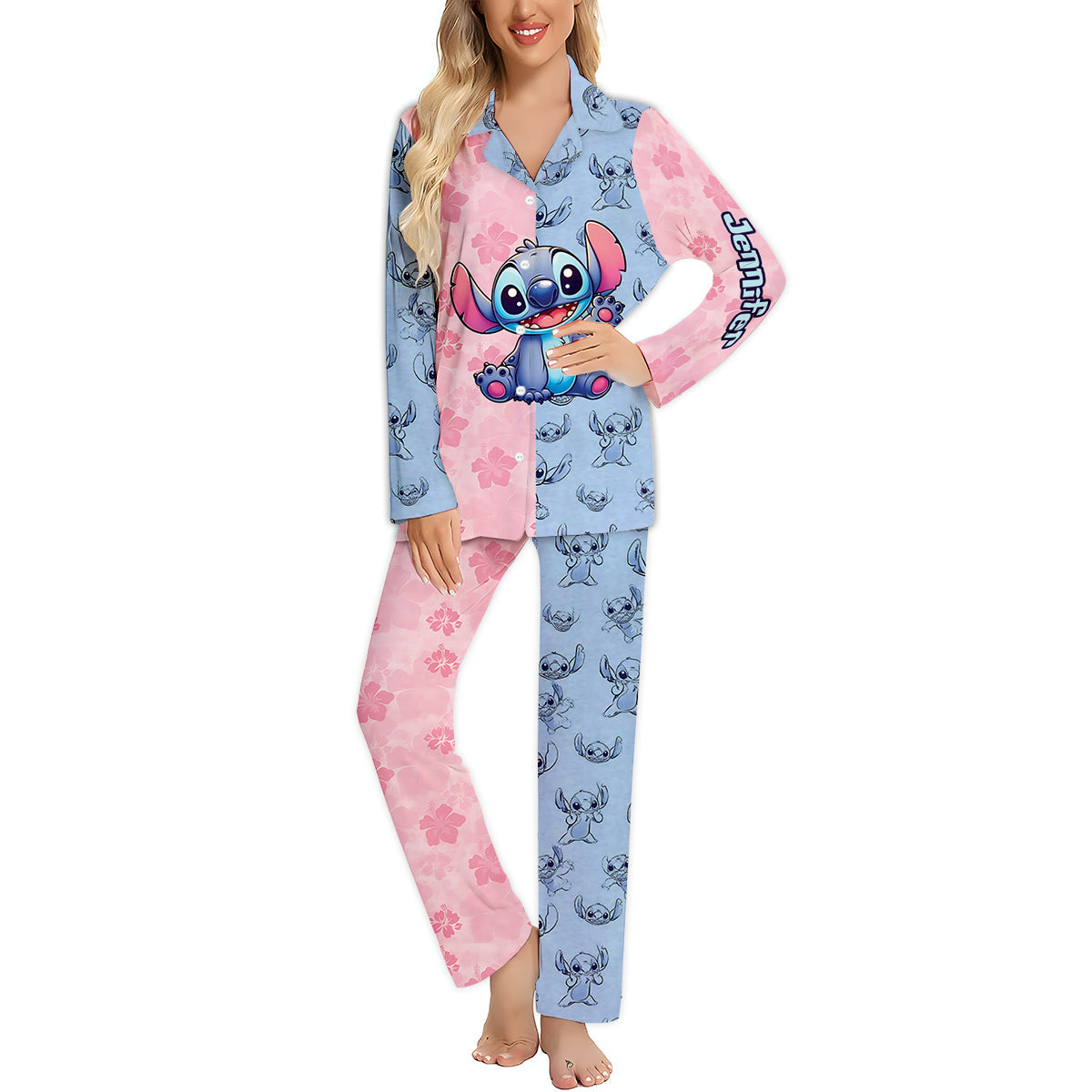 Pink And Blue Ohana - Personalized Ohana Button Down Pajamas