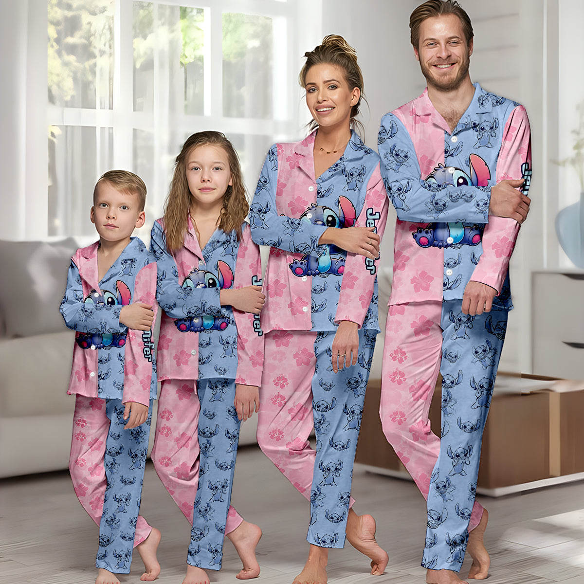 Pink And Blue Ohana - Personalized Ohana Button Down Pajamas