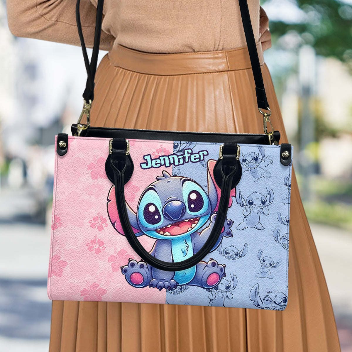 Pink And Blue Ohana - Personalized Ohana Leather Handbag
