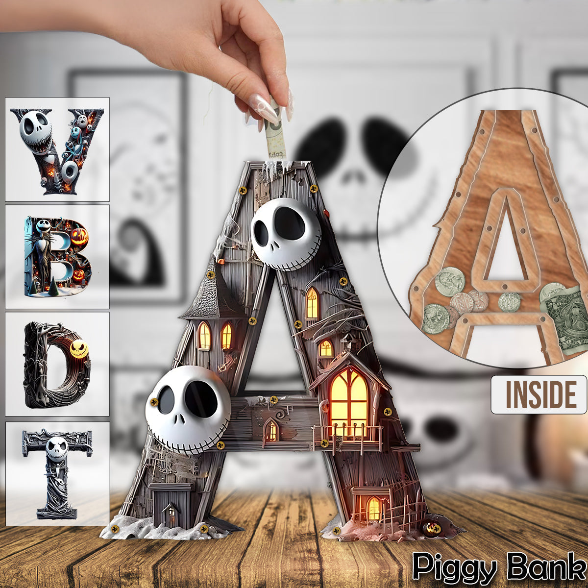 Alphabet Letters - Personalized Nightmare Wooden Piggy Bank