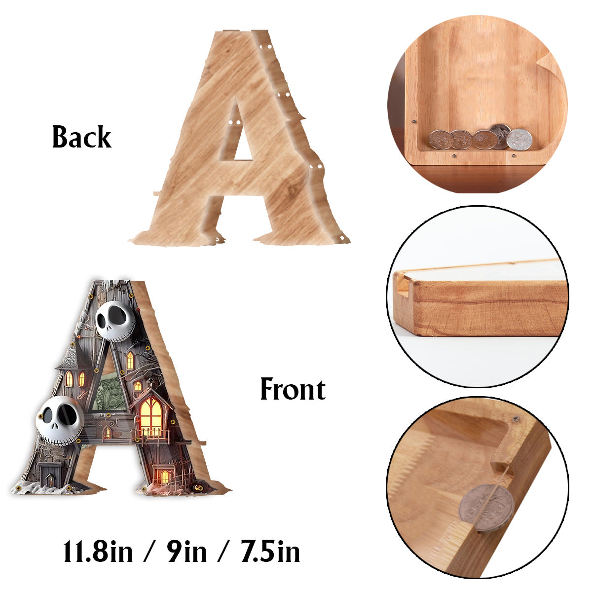 Alphabet Letters - Personalized Nightmare Wooden Piggy Bank