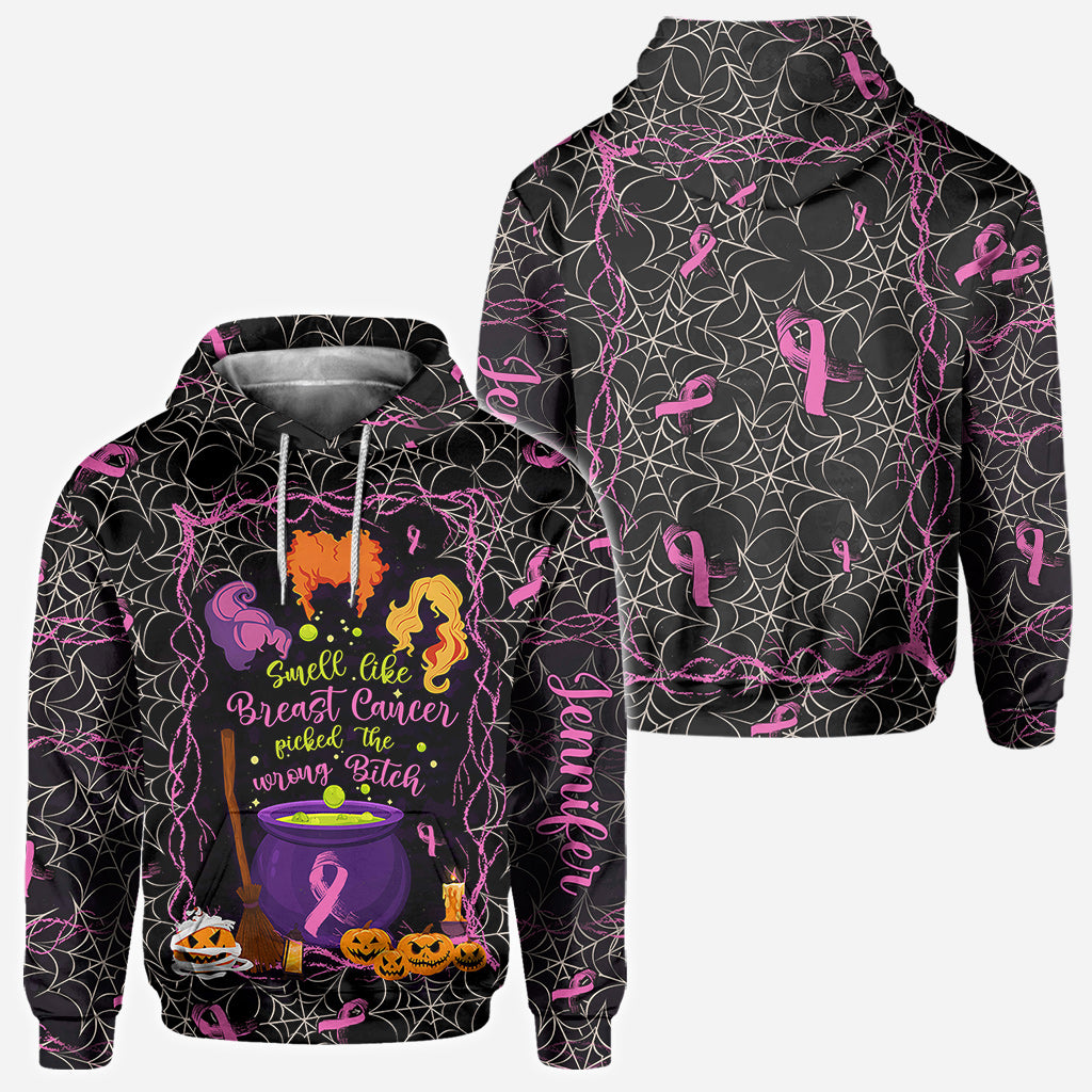 Smell Like Cancer Picked The Wrong B*tch - Personalized Breast Cancer Awareness All Over Shirt
