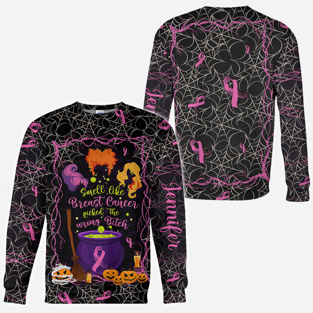 Smell Like Cancer Picked The Wrong B*tch - Personalized Breast Cancer Awareness All Over Shirt