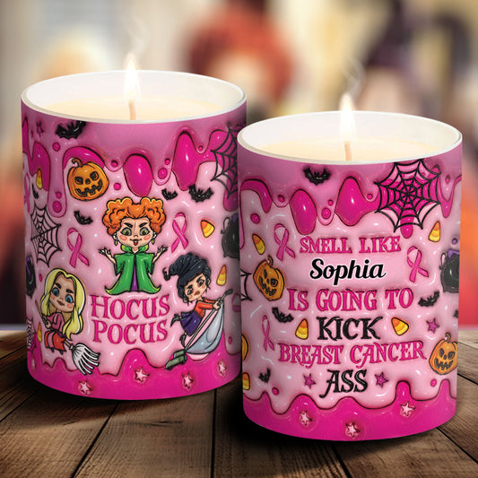 Kick Cancer Ass - Personalized Breast Cancer Awareness Candle With Wooden Lid