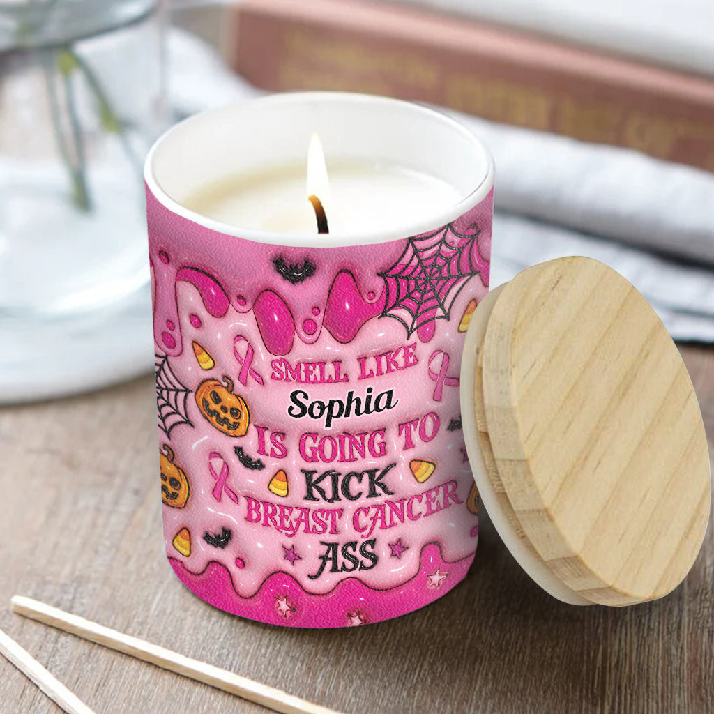 Kick Cancer Ass - Personalized Breast Cancer Awareness Candle With Wooden Lid