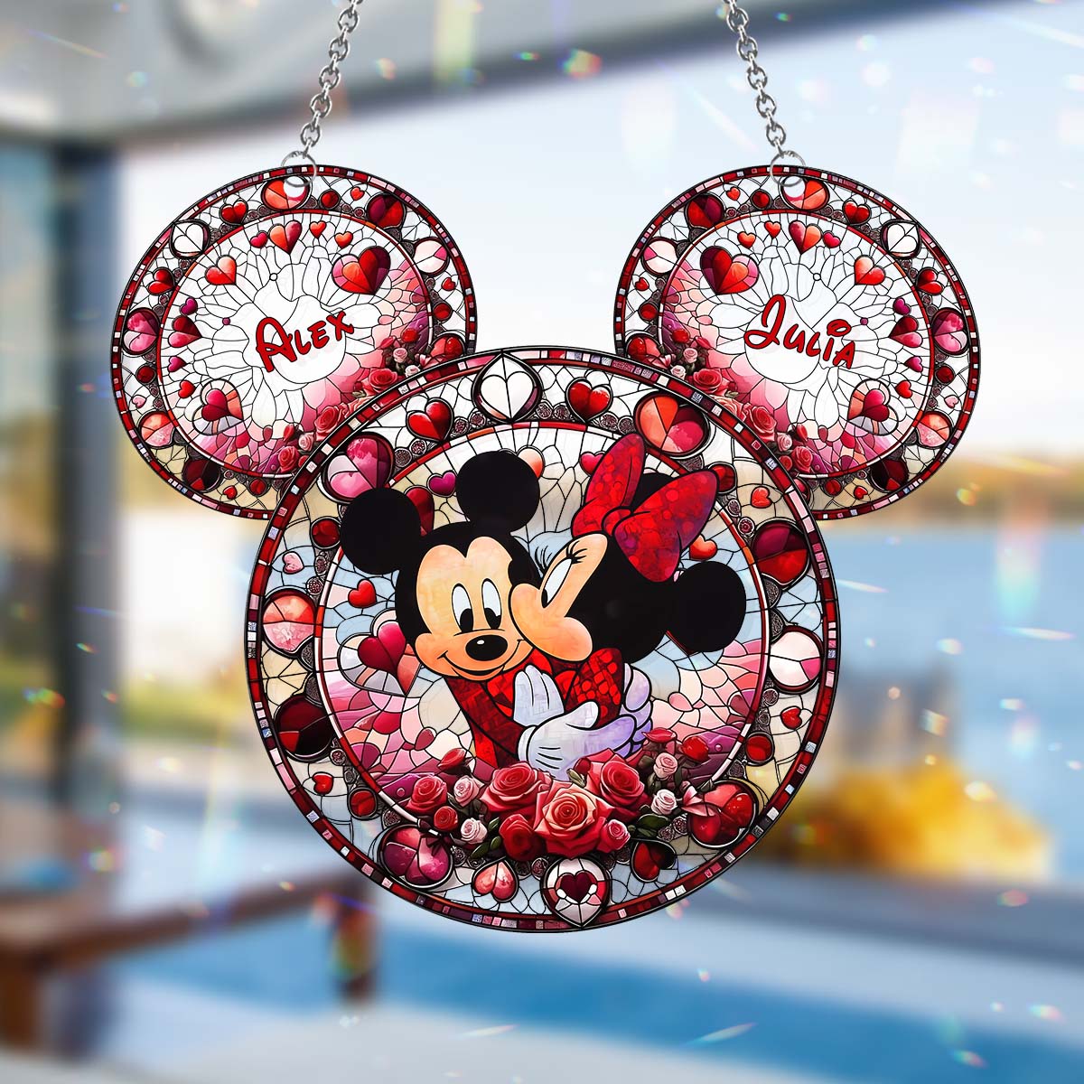 Cute Mouse Couple In Love - Personalized Mouse Window Hanging Suncatcher Ornament