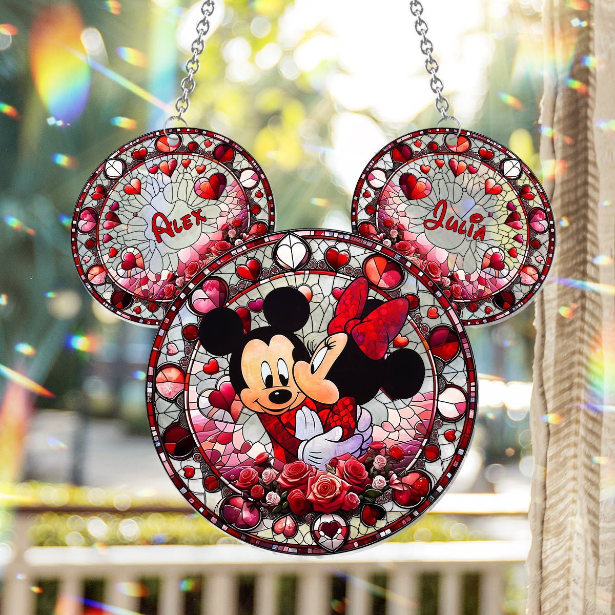 Cute Mouse Couple In Love - Personalized Mouse Window Hanging Suncatcher Ornament