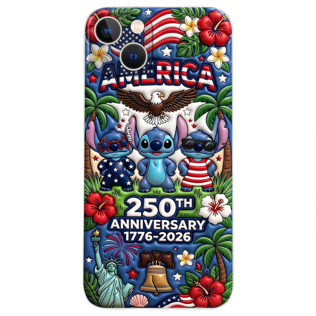 Cute Blue Alien USA 250th Anniversary - Personalized Ohana 3D Embossed Leather Phone Case