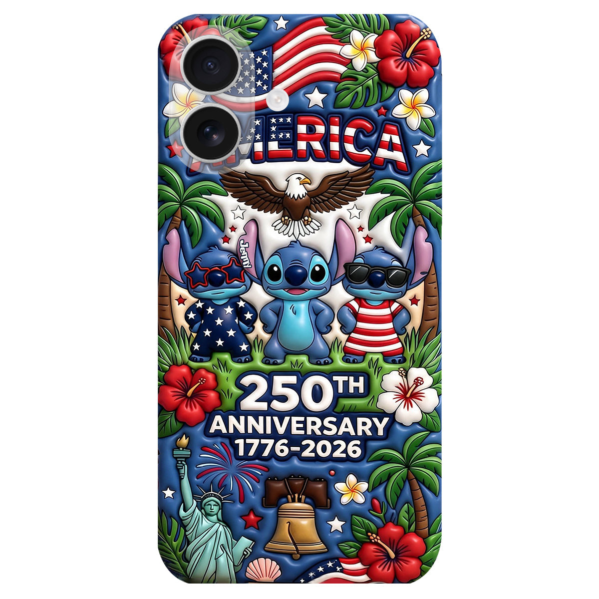 Cute Blue Alien USA 250th Anniversary - Personalized Ohana 3D Embossed Leather Phone Case