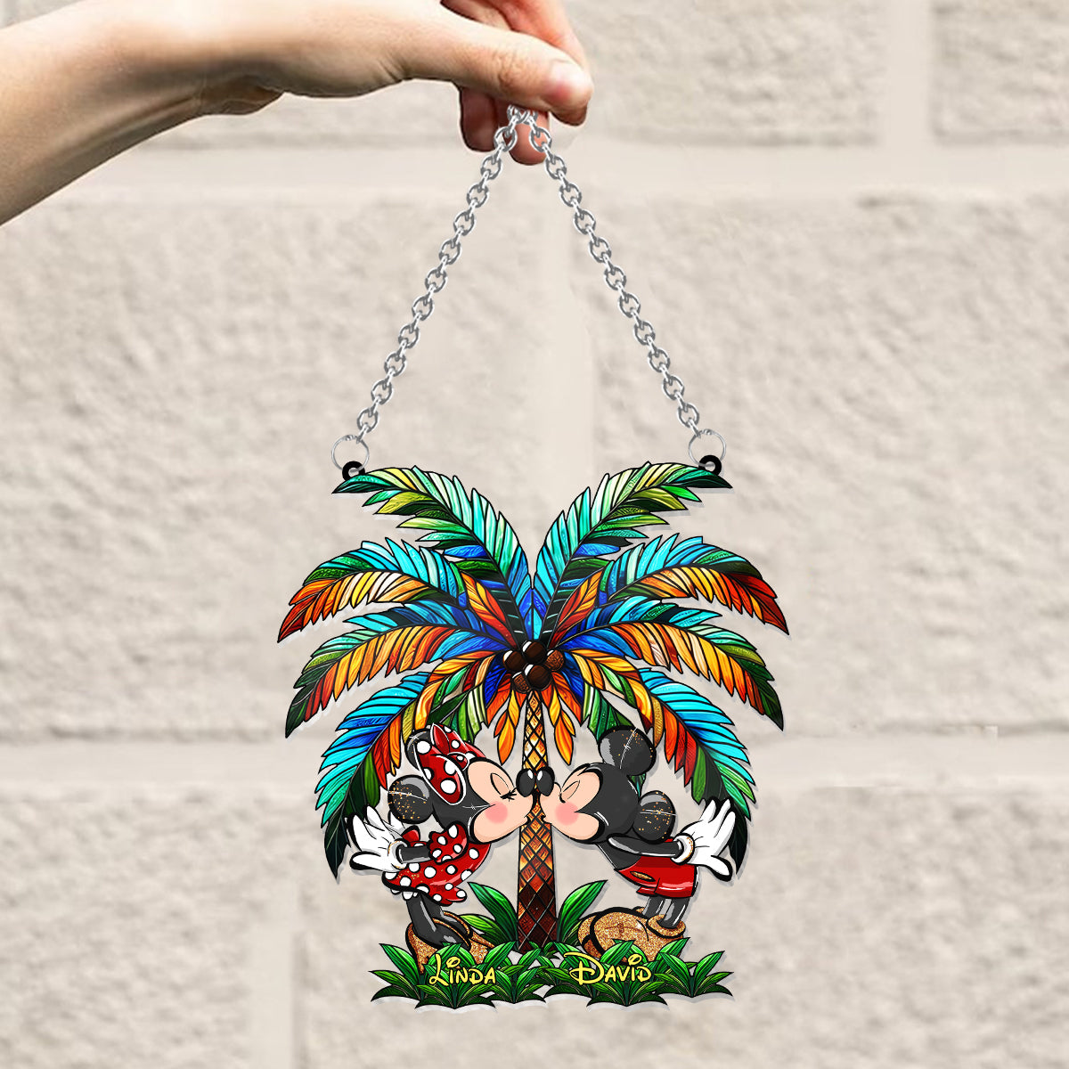 Romantic Couple Under The Palm Tree - Personalized Mouse Window Hanging Suncatcher Ornament