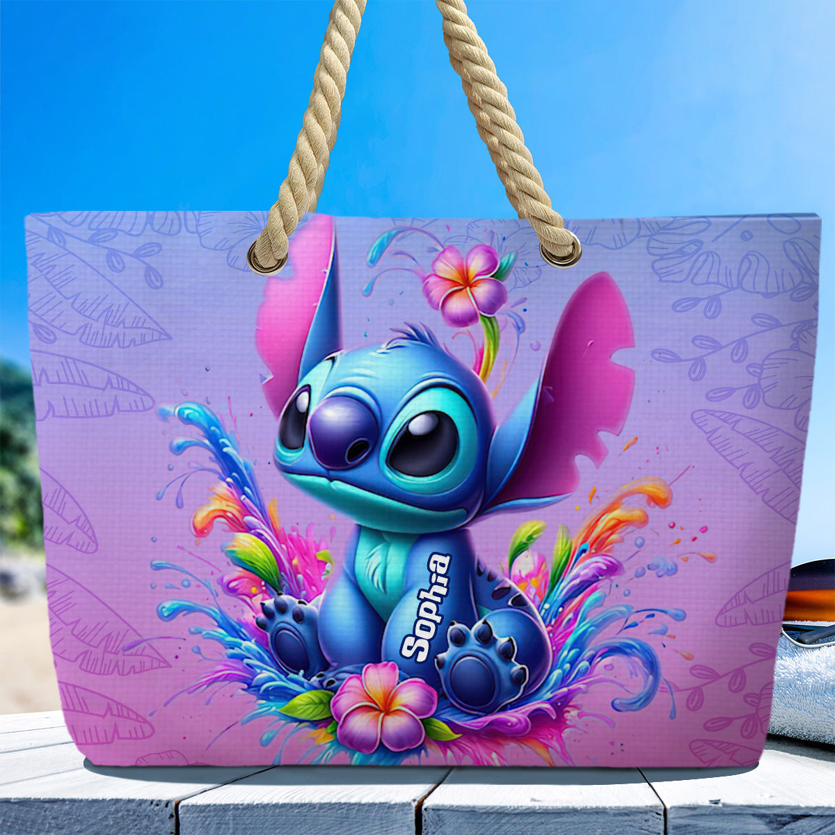 Pink And Blue Ohana - Personalized Ohana Beach Bag