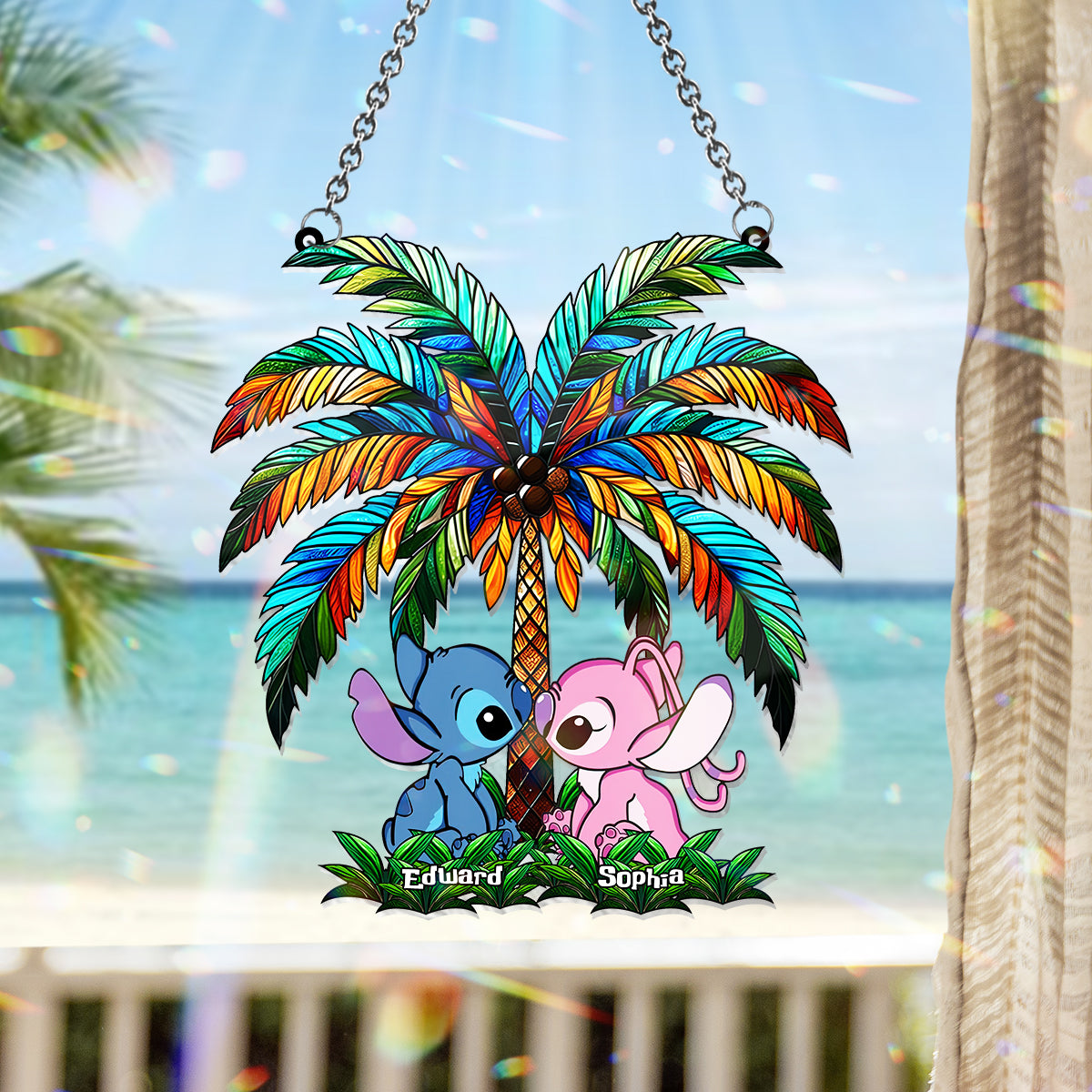 Romantic Couple Under The Palm Tree - Personalized Ohana Window Hanging Suncatcher Ornament