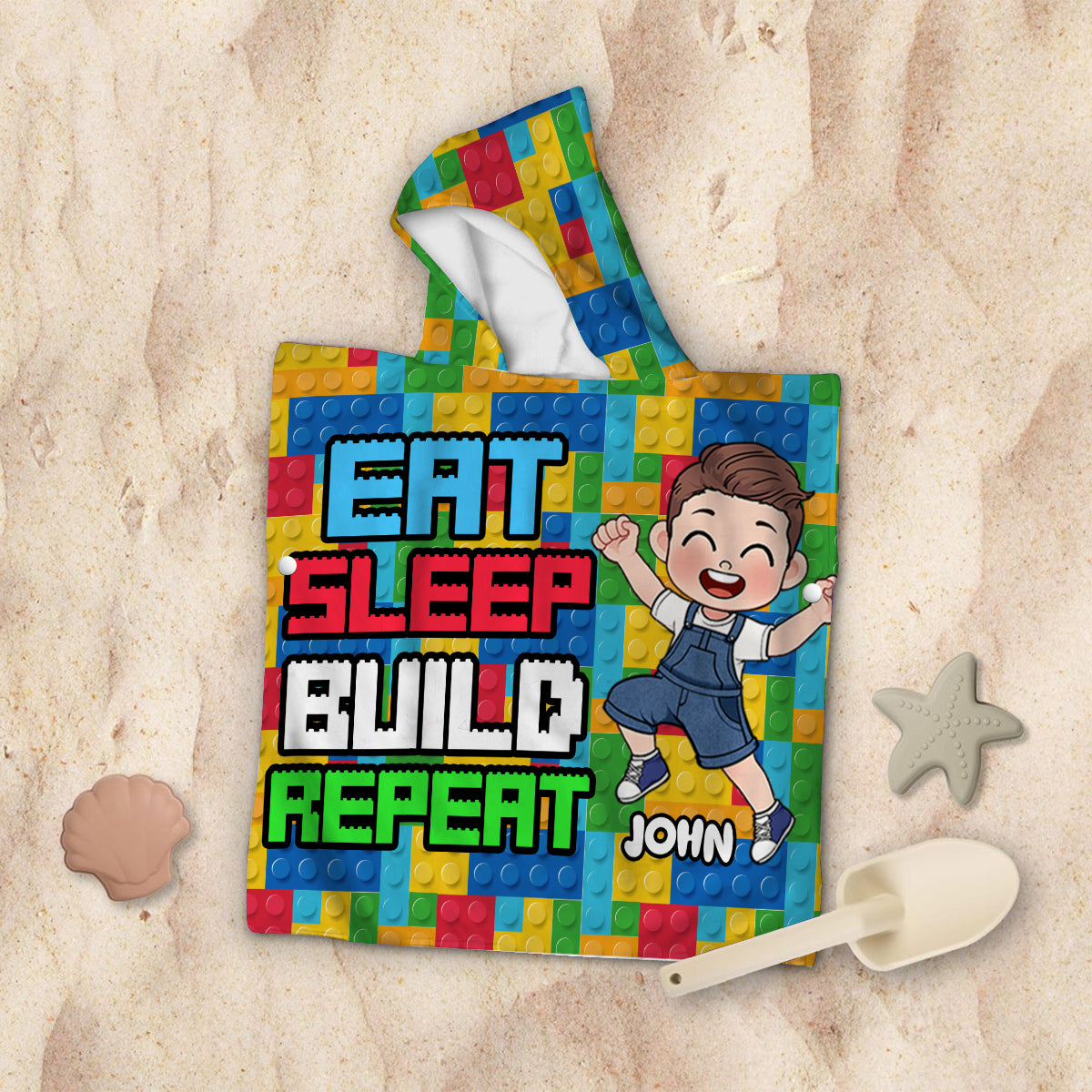 Eat Sleep Bath Build Repeat - Personalized Kid Hooded Towel Poncho