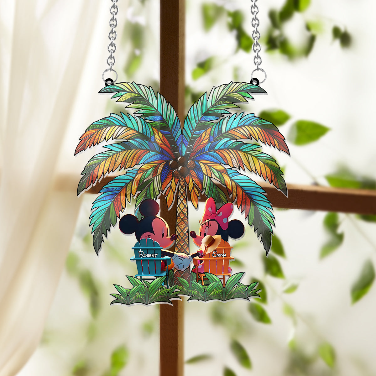Under The Palm Tree Happy Couple - Personalized Mouse Window Hanging Suncatcher Ornament