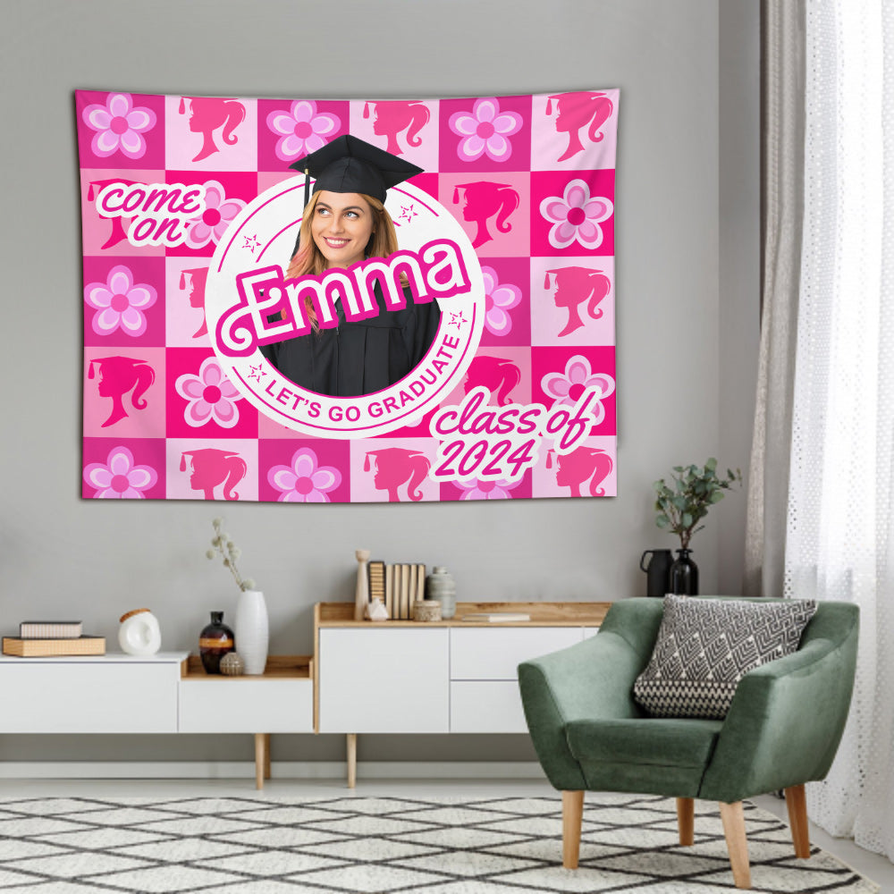 Come One Senior Let's Go Graduate Pink Doll Themed - Personalized Graduation Wall Tapestry
