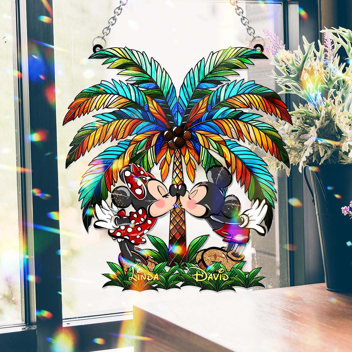 Romantic Couple Under The Palm Tree - Personalized Mouse Window Hanging Suncatcher Ornament