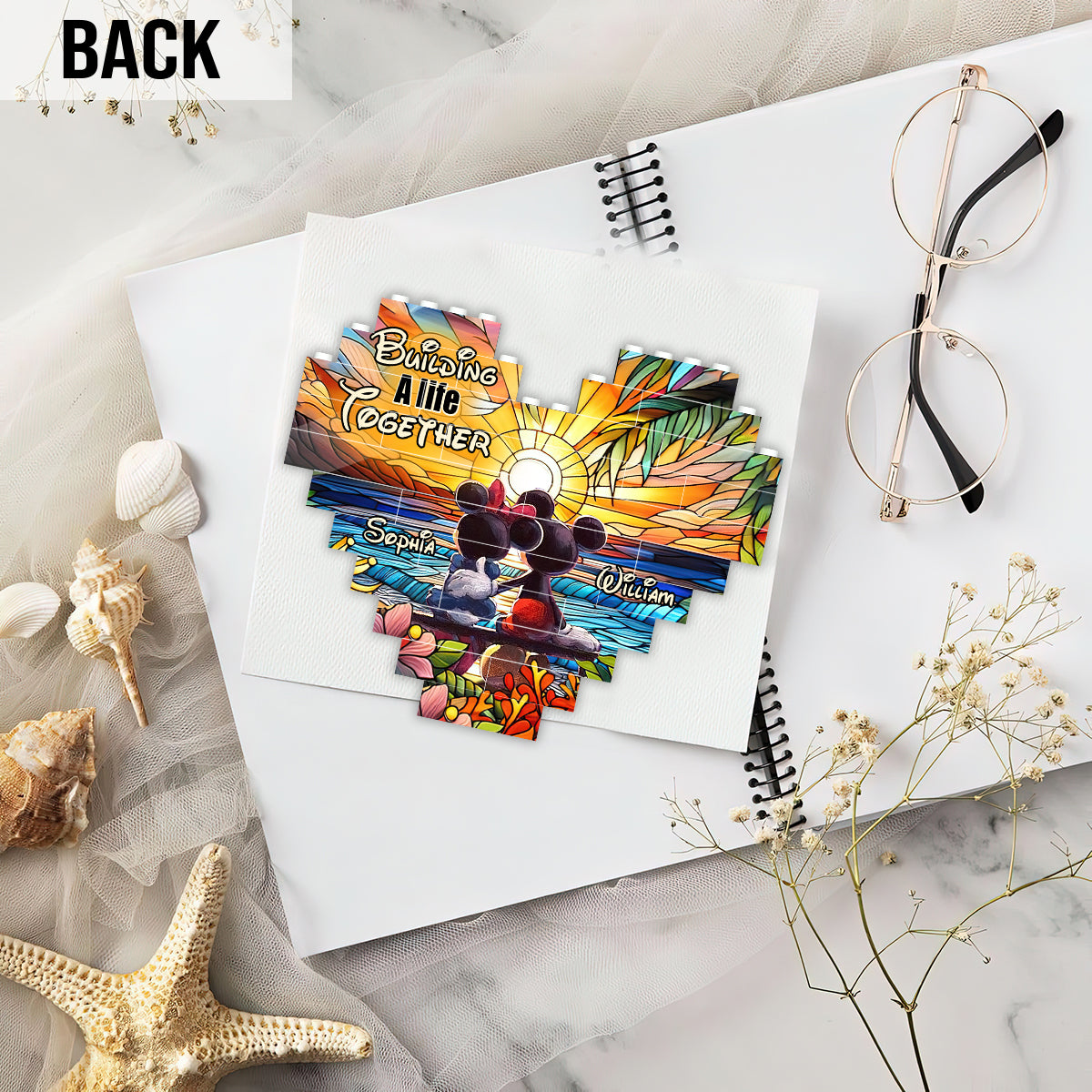 Sunset Colorful Couple - Personalized Mouse Heart Building Brick Blocks Printed On Both Sides