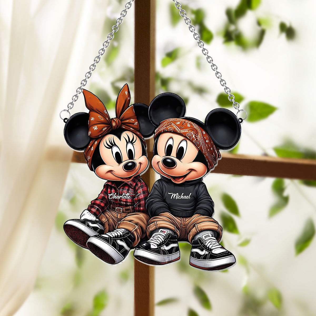 Chicano Mouse Couple - Personalized Mouse Window Hanging Suncatcher Ornament