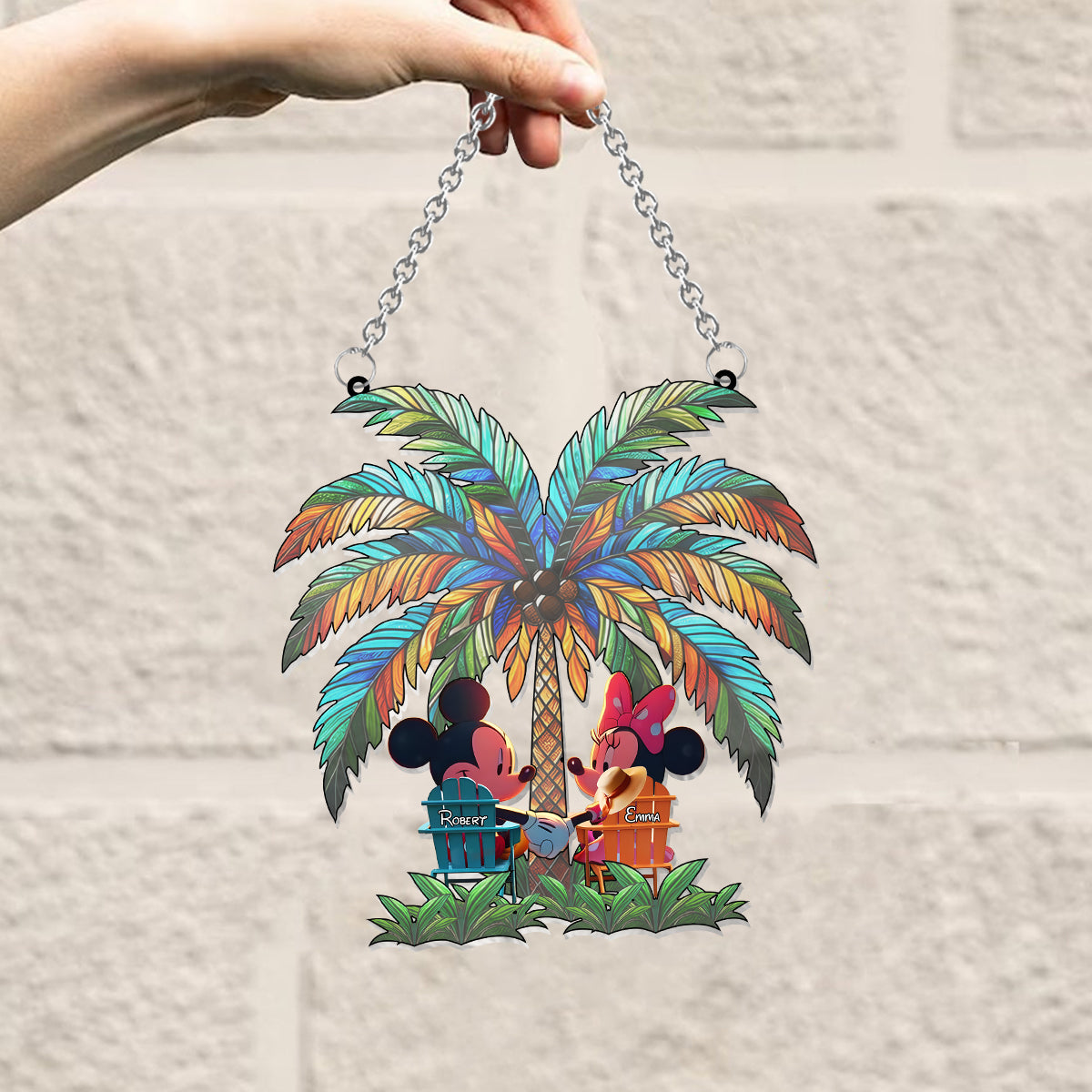 Under The Palm Tree Happy Couple - Personalized Mouse Window Hanging Suncatcher Ornament