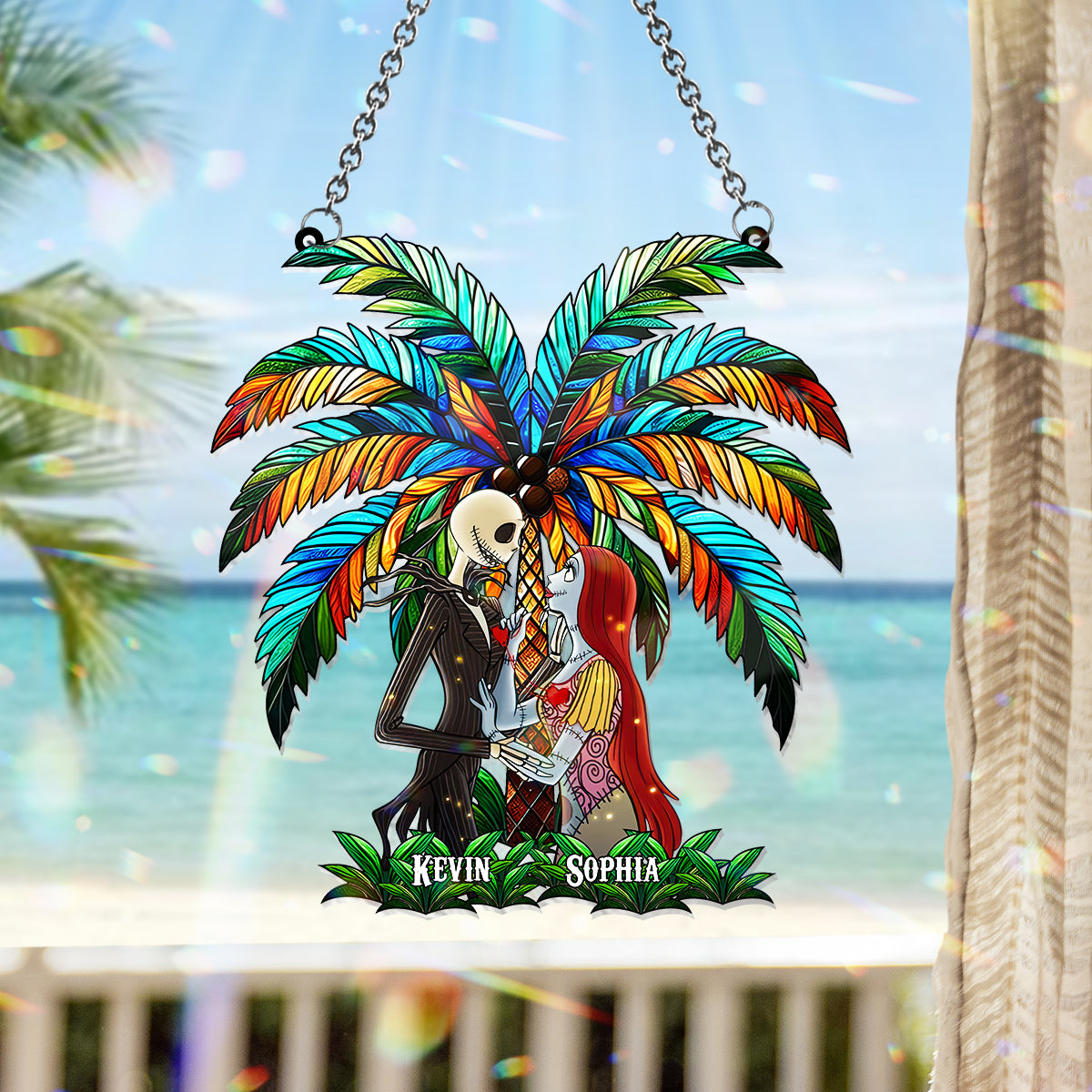Romantic Couple Under The Palm Tree - Personalized Nightmare Window Hanging Suncatcher Ornament