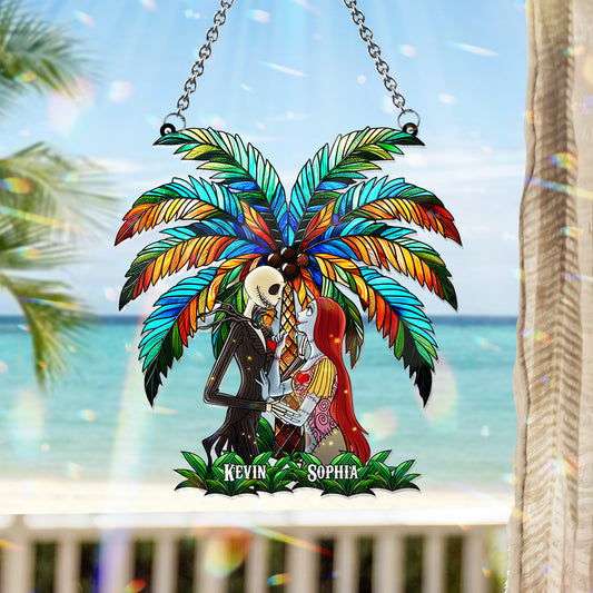 Romantic Couple Under The Palm Tree - Personalized Nightmare Window Hanging Suncatcher Ornament