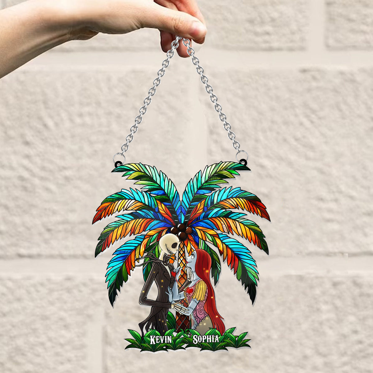Romantic Couple Under The Palm Tree - Personalized Nightmare Window Hanging Suncatcher Ornament