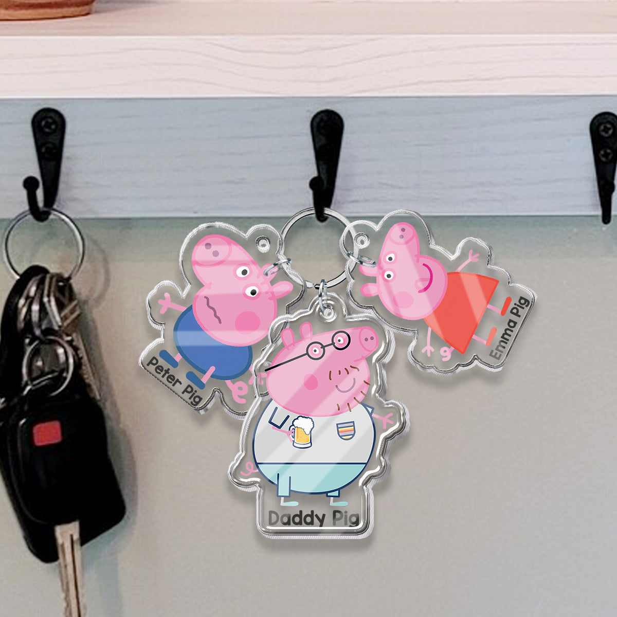 Daddy Pig - Personalized Pink Pig Keychain with Charms