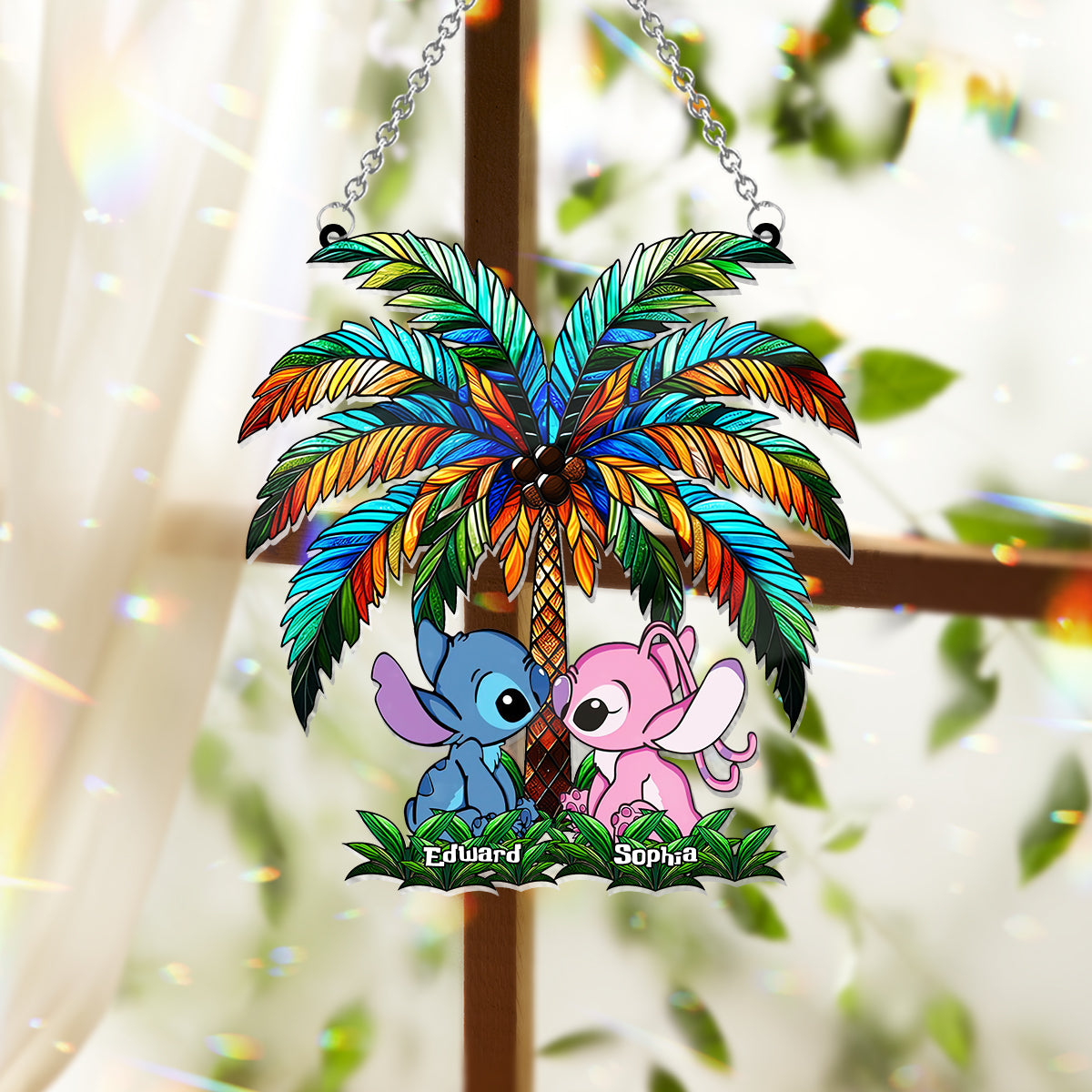 Romantic Couple Under The Palm Tree - Personalized Ohana Window Hanging Suncatcher Ornament