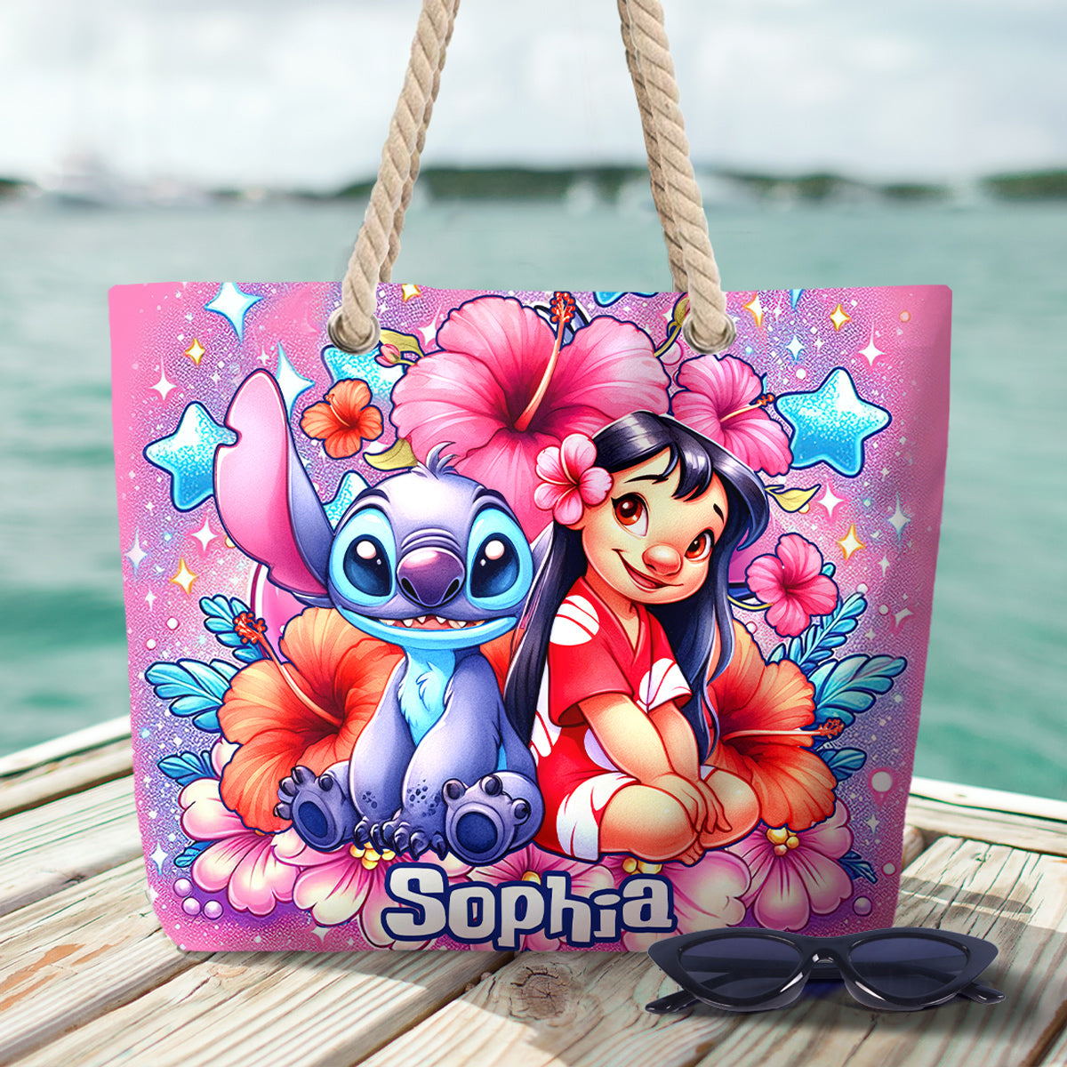 Ohana Cute Bubble Flowers - Personalized Ohana Beach Bag