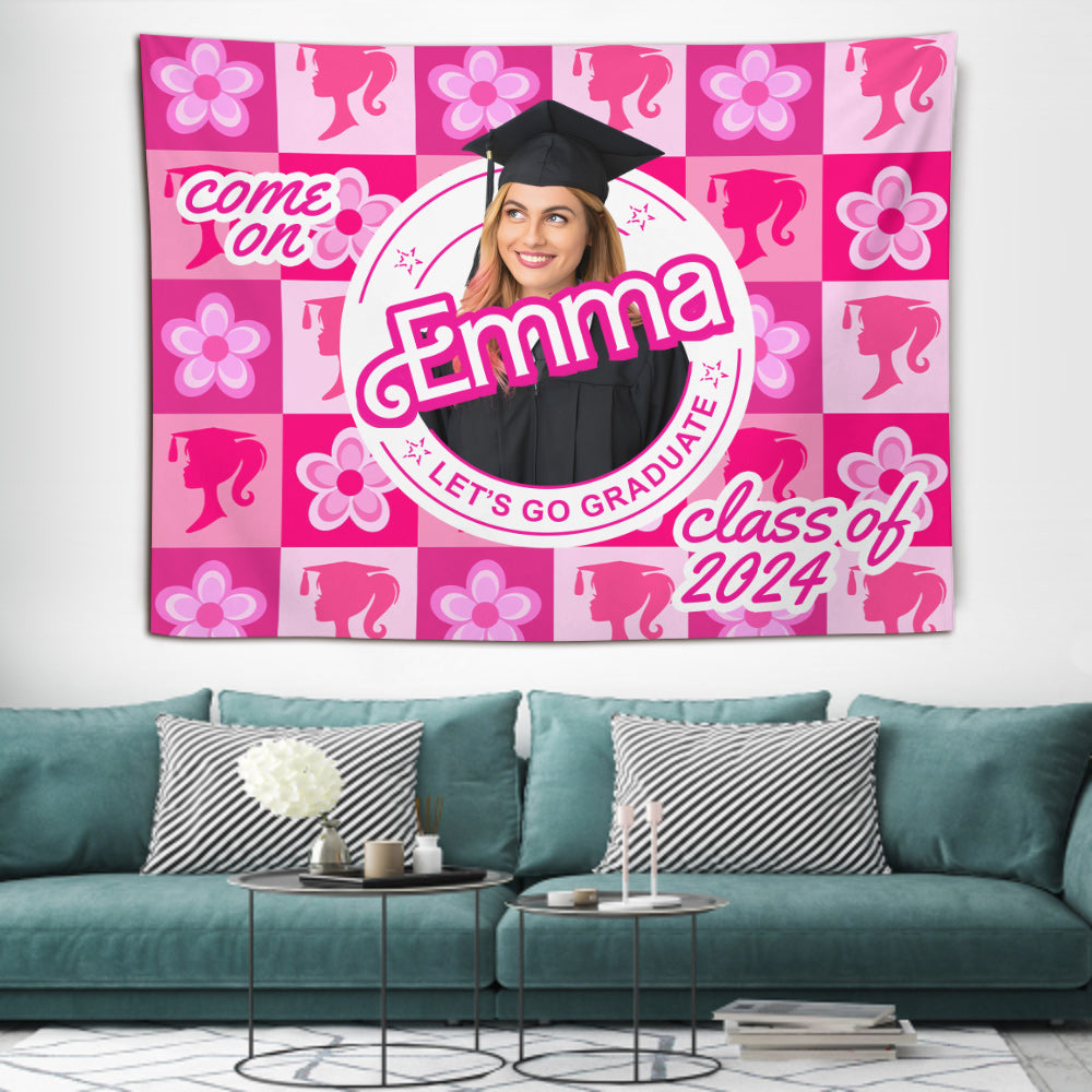 Come One Senior Let's Go Graduate Pink Doll Themed - Personalized Graduation Wall Tapestry