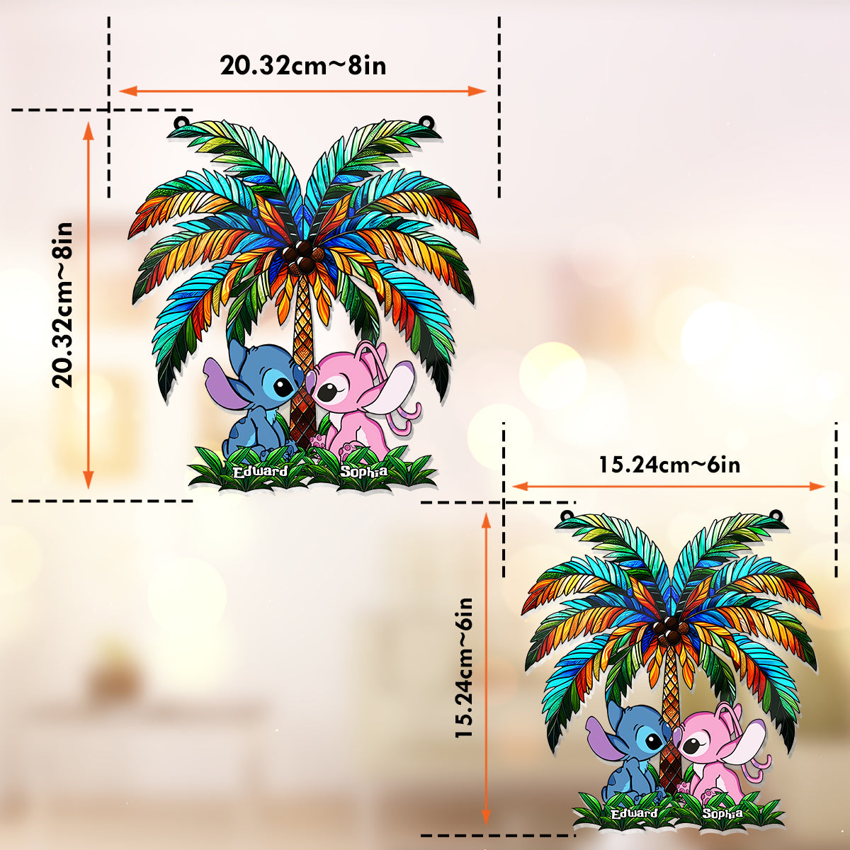 Romantic Couple Under The Palm Tree - Personalized Ohana Window Hanging Suncatcher Ornament