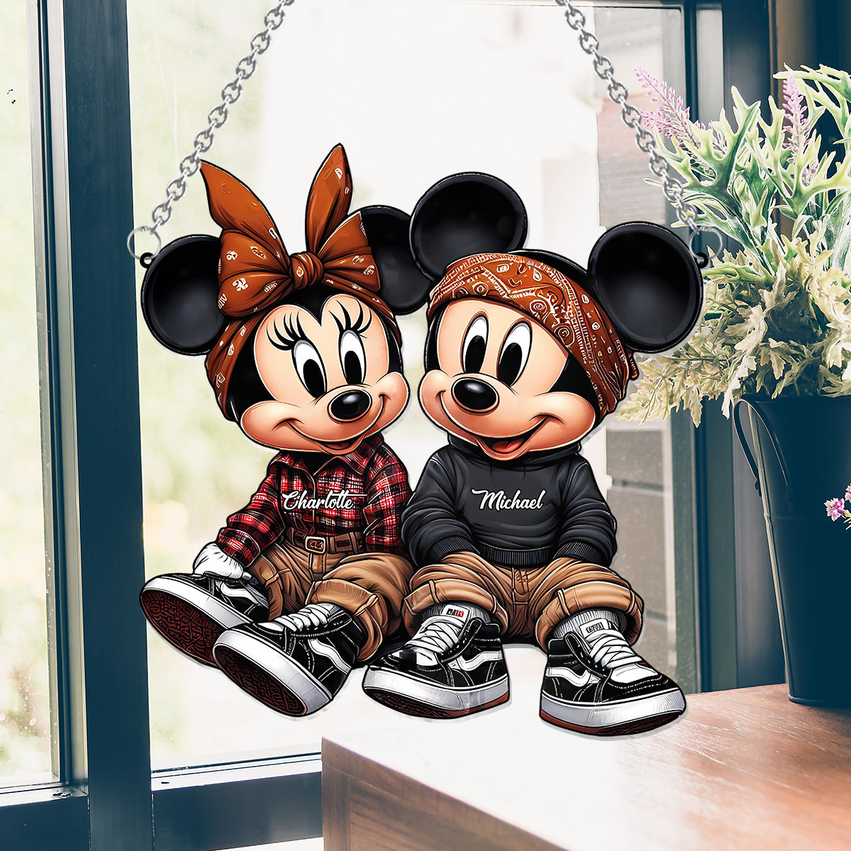 Chicano Mouse Couple - Personalized Mouse Window Hanging Suncatcher Ornament