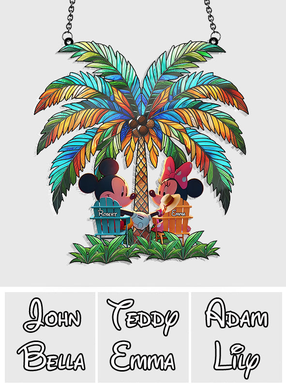 Under The Palm Tree Happy Couple - Personalized Mouse Window Hanging Suncatcher Ornament
