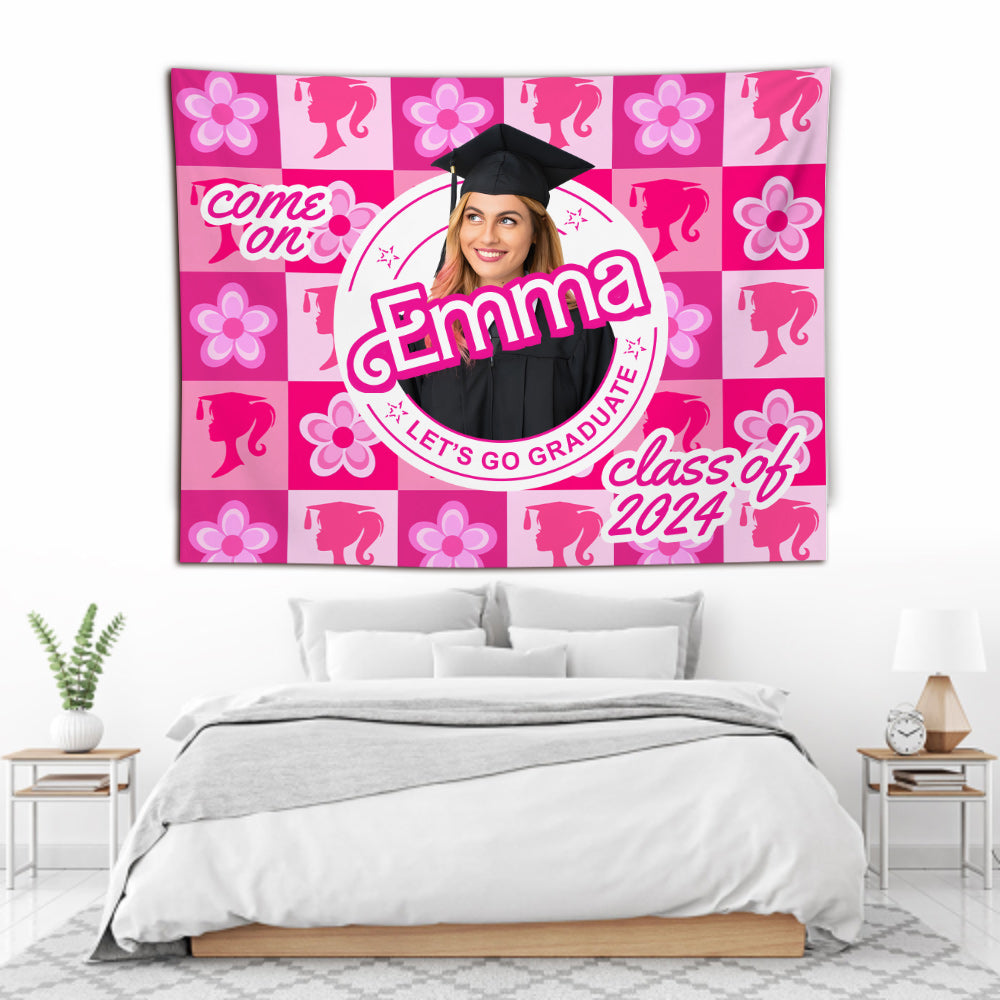 Come One Senior Let's Go Graduate Pink Doll Themed - Personalized Graduation Wall Tapestry