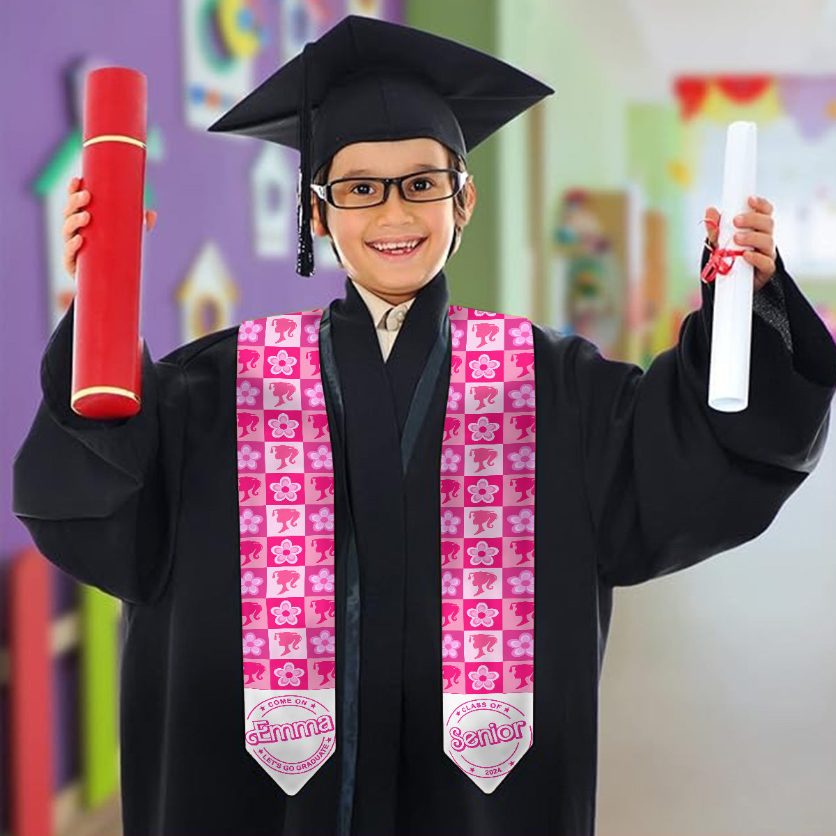 Come One Senior Let's Go Graduate Pink Doll Themed - Personalized Graduation Graduation Stole