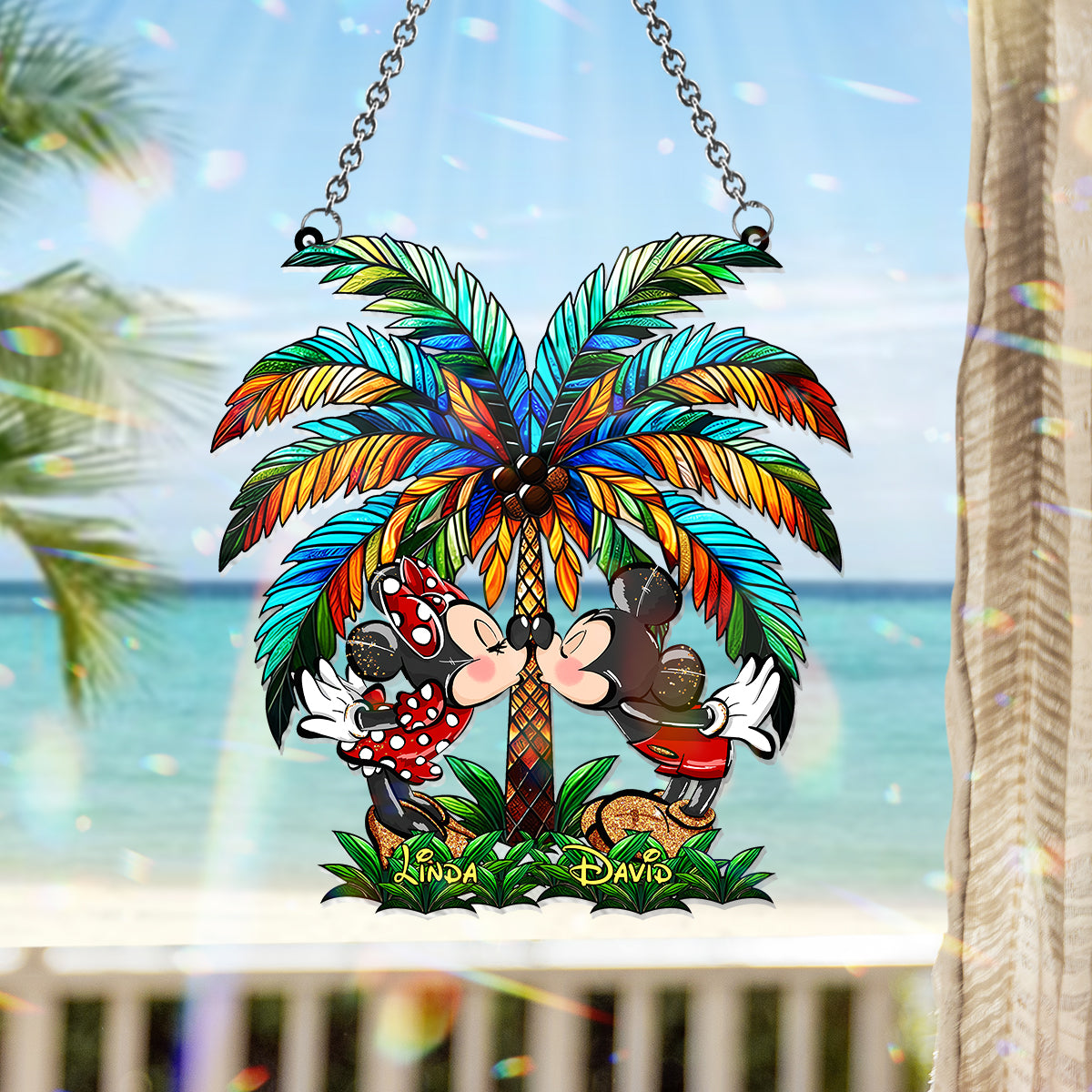 Romantic Couple Under The Palm Tree - Personalized Mouse Window Hanging Suncatcher Ornament