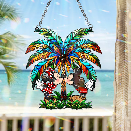 Romantic Couple Under The Palm Tree - Personalized Mouse Window Hanging Suncatcher Ornament