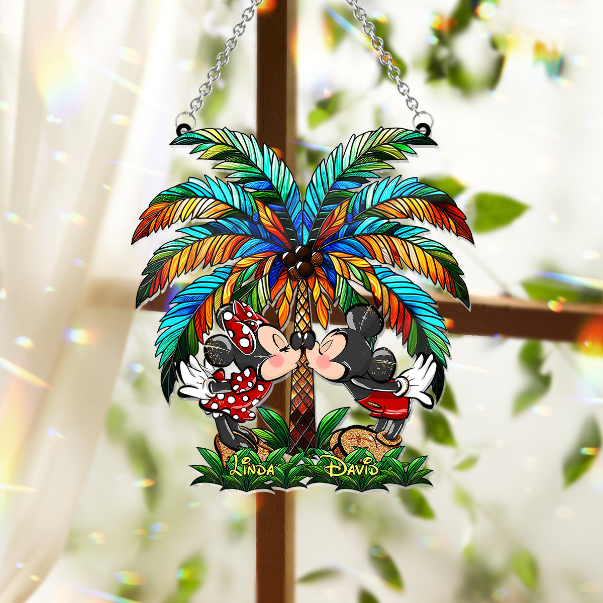 Romantic Couple Under The Palm Tree - Personalized Mouse Window Hanging Suncatcher Ornament
