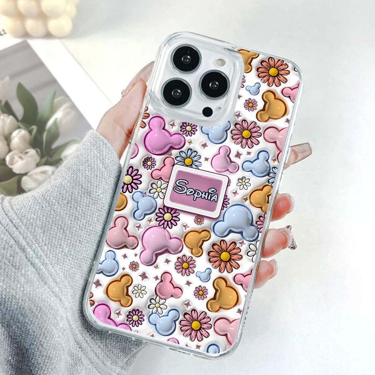 Cute Mouse Ears Floral Style - Personalized Mouse Clear Phone Case