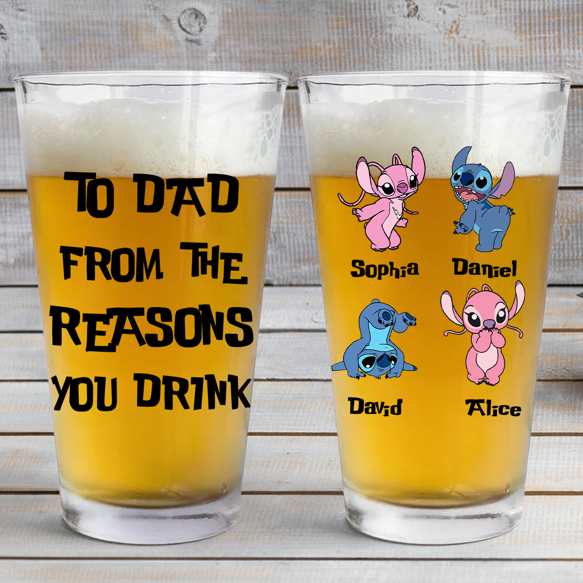 To Dad From The Reasons You Drink - Personalized Ohana Beer Glass