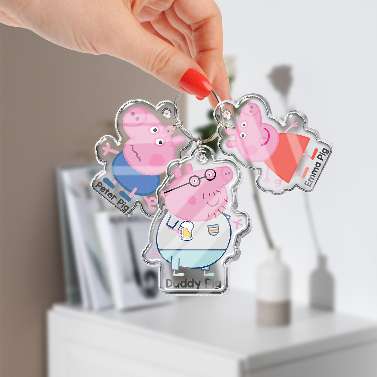 Daddy Pig - Personalized Pink Pig Keychain with Charms