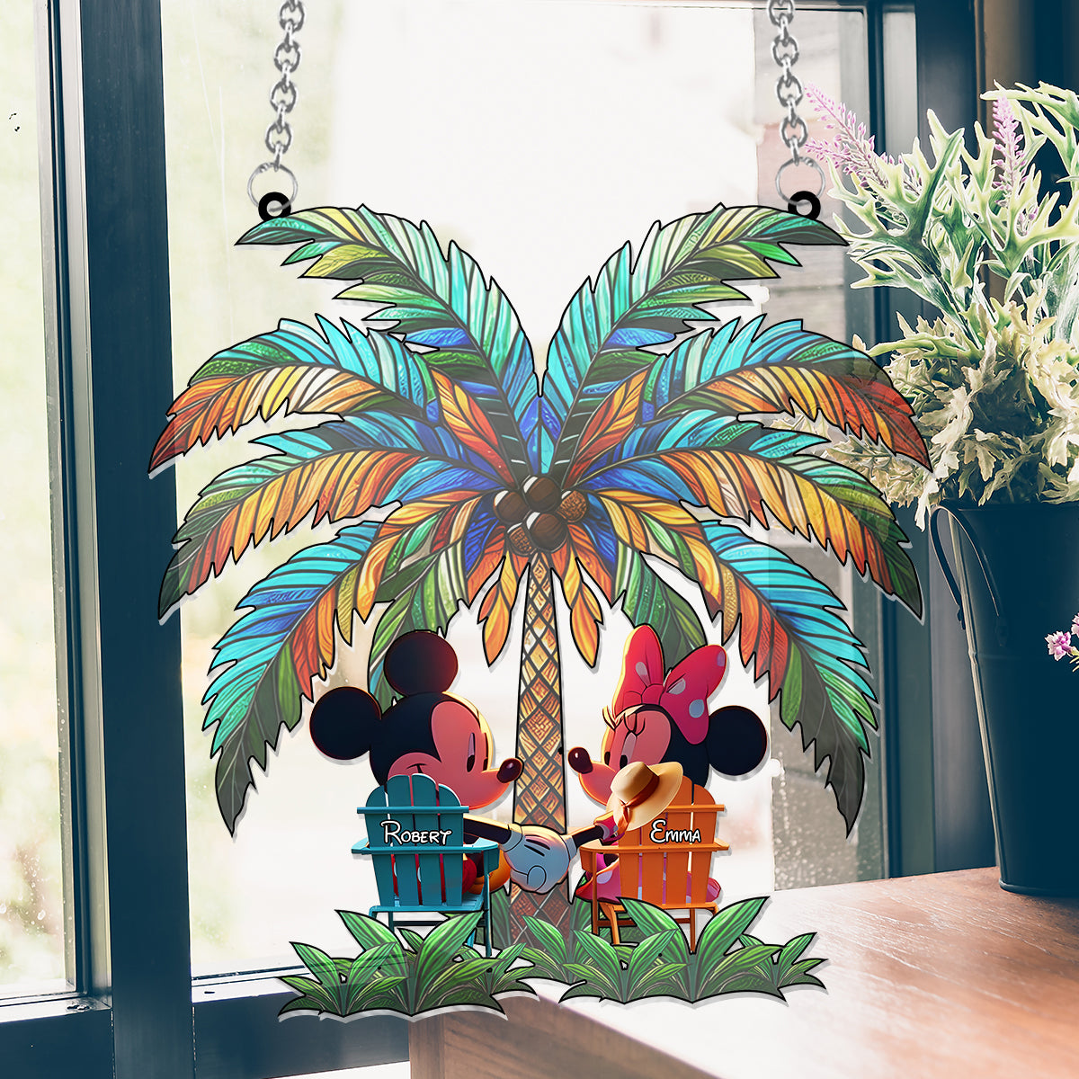 Under The Palm Tree Happy Couple - Personalized Mouse Window Hanging Suncatcher Ornament