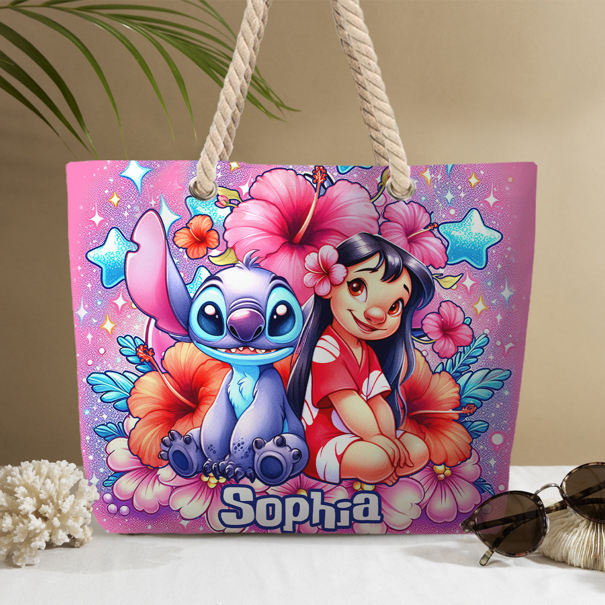 Ohana Cute Bubble Flowers - Personalized Ohana Beach Bag