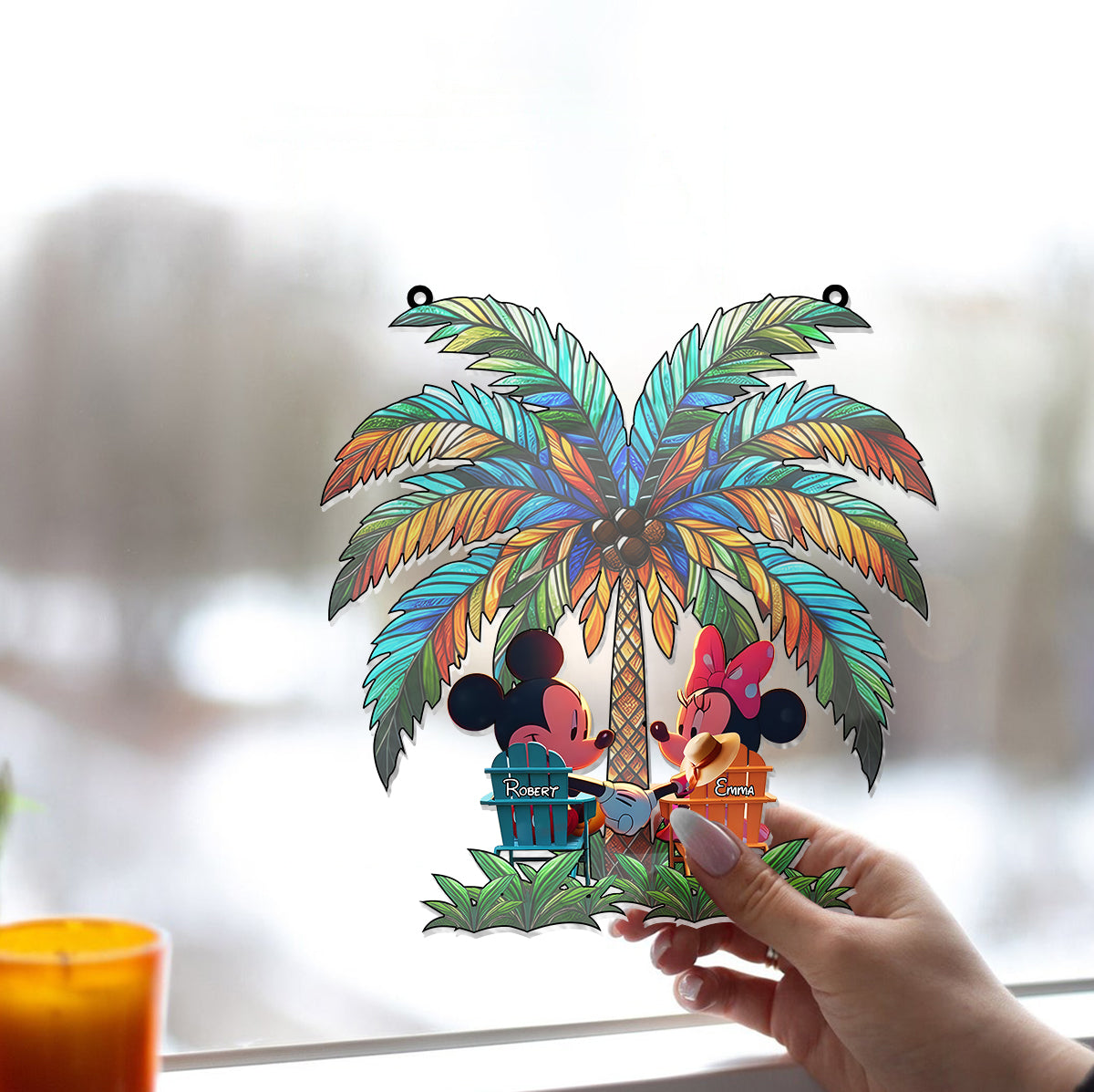 Under The Palm Tree Happy Couple - Personalized Mouse Window Hanging Suncatcher Ornament