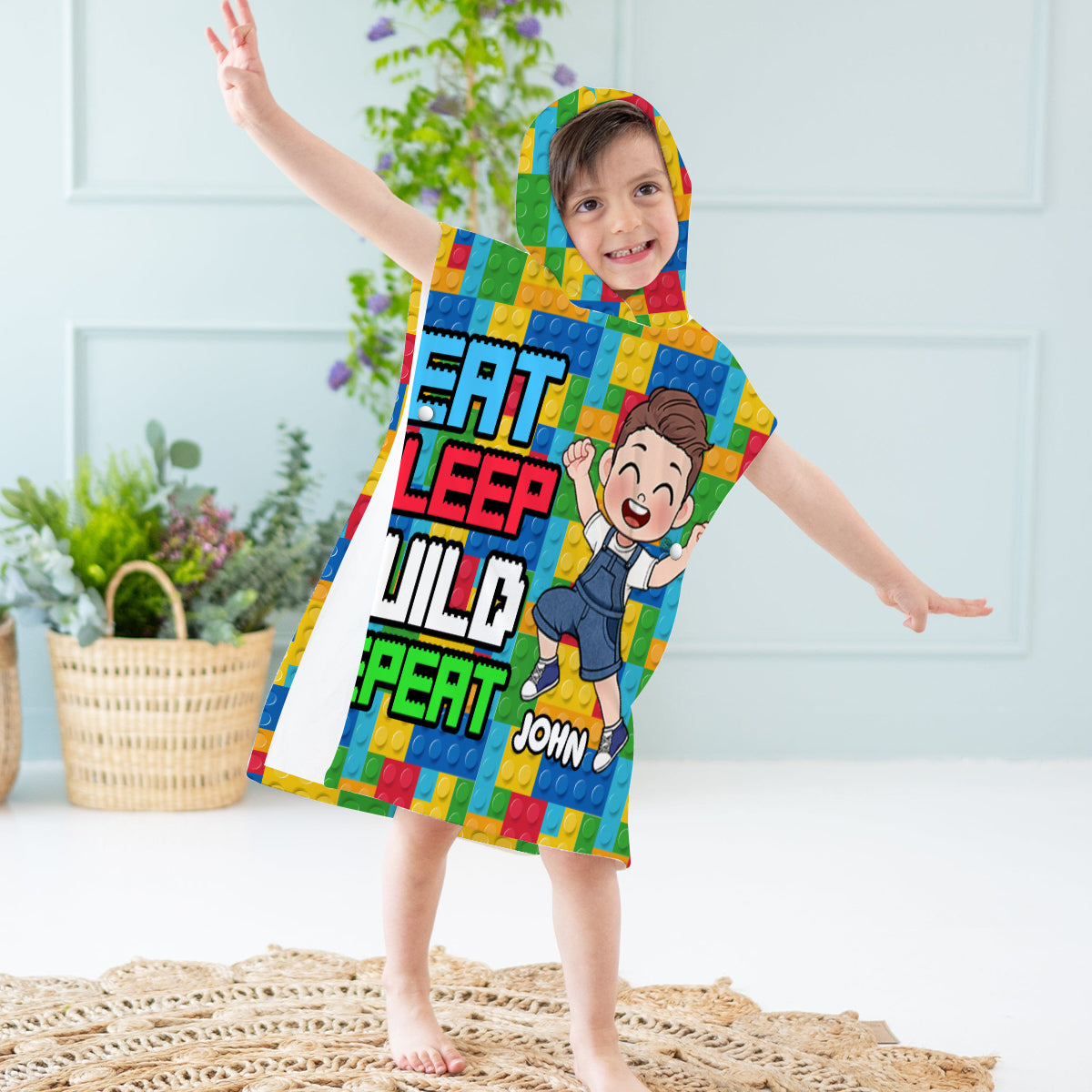 Eat Sleep Bath Build Repeat - Personalized Kid Hooded Towel Poncho