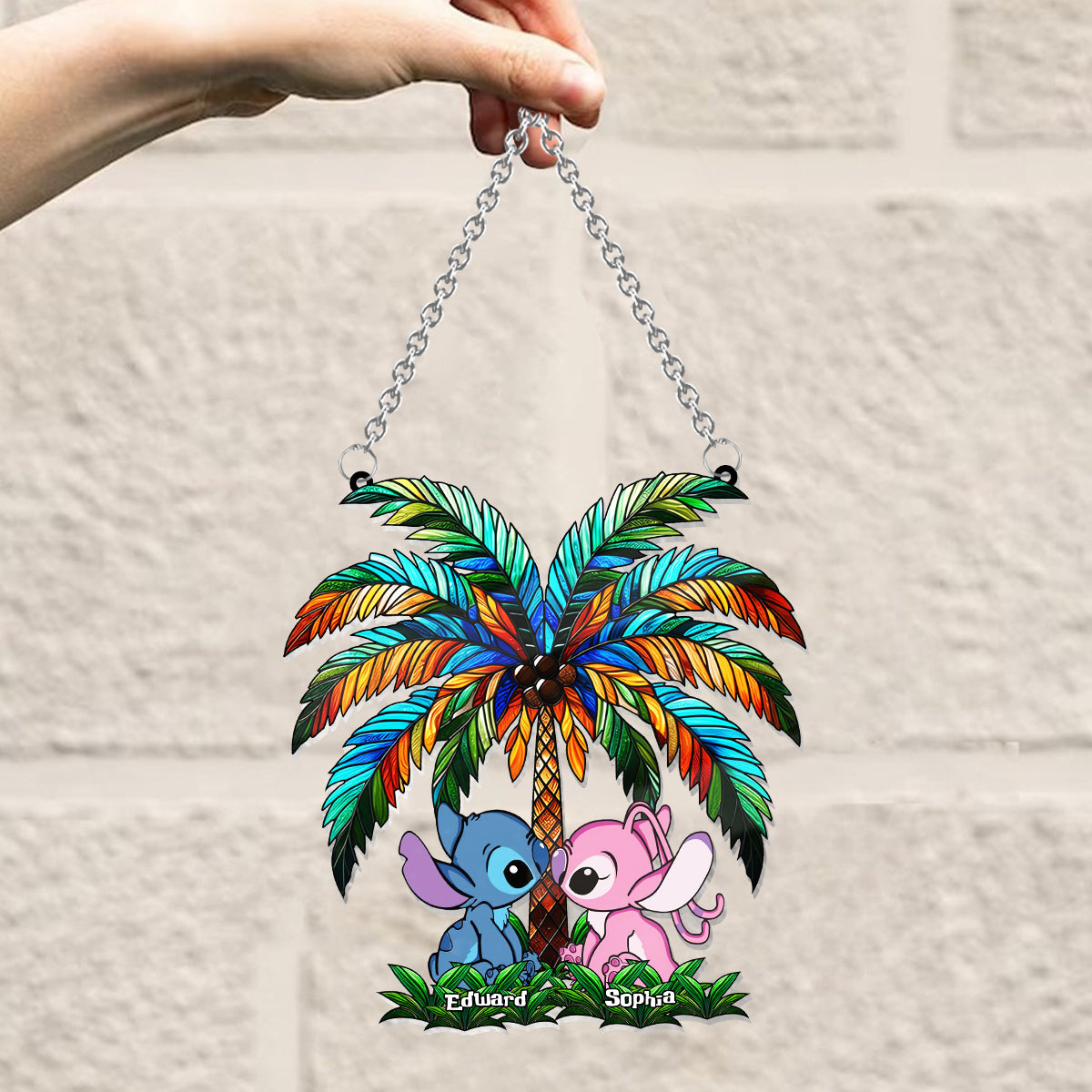 Romantic Couple Under The Palm Tree - Personalized Ohana Window Hanging Suncatcher Ornament