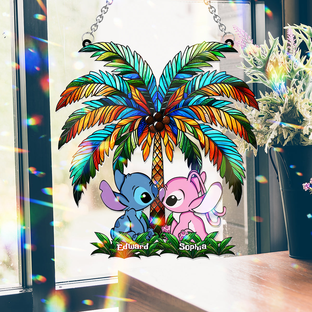 Romantic Couple Under The Palm Tree - Personalized Ohana Window Hanging Suncatcher Ornament
