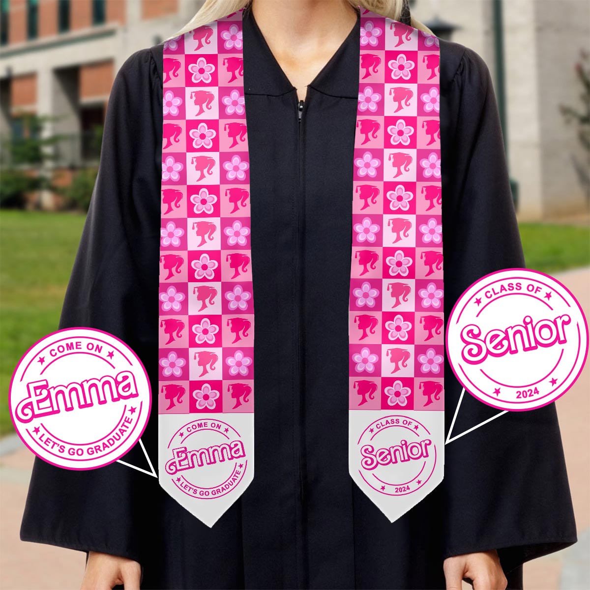 Come One Senior Let's Go Graduate Pink Doll Themed - Personalized Graduation Graduation Stole